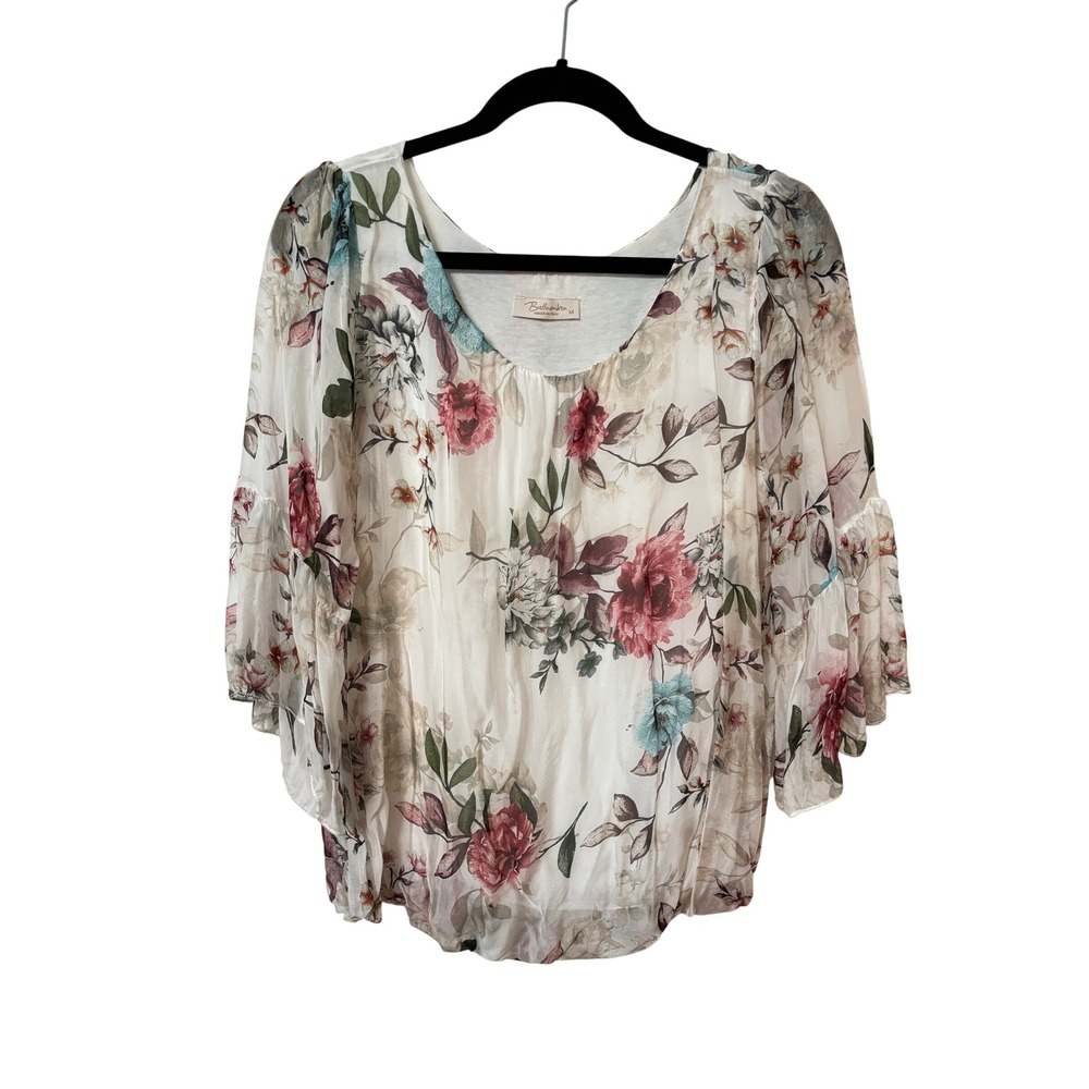 Bellambra Italy Silk Blend Floral Bell Sleeve Blouse Cream Pink Medium